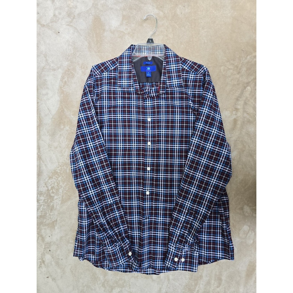 Egara Mens Non Iron Slim Fit Shirt XL Blue Red Plaid Stretch Button Down
